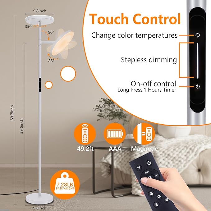 LED Floor Lamp for Living Room, 69" Tall Lamp with Remote & Touch Control Upgrade Lamp Pole Rotary 90° Dimmable Brightness 4 Color Tempera - LeafyLoom