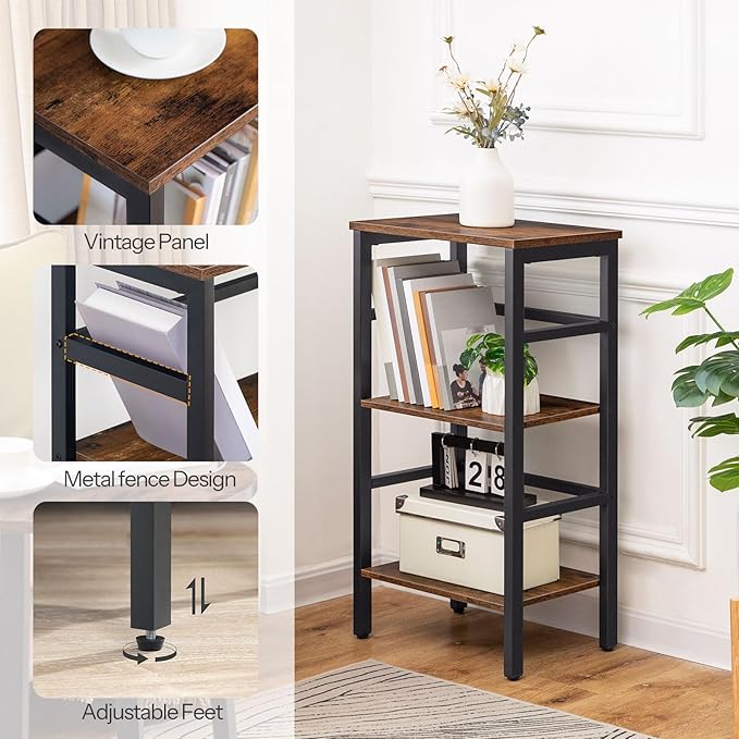 HOOBRO 3 Tier Bookshelf, Narrow Bookshelf, Record Storage Rack with Side Fence, Wooden Free-Standing Shelf Units, Narrow Display Shelf for Living Room, Bedroom, Classroom, Rustic Brown BF80CJ01 - LeafyLoom