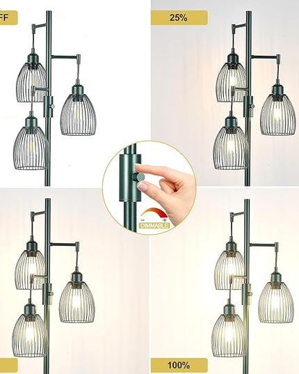 Dimmable Industrial Floor Lamps for Living Room, Green Tree Standing Tall Lamps with 3 Elegant Teardrop Cage Head & 800 Lumens LED Bulbs for Bedroom Office - LeafyLoom