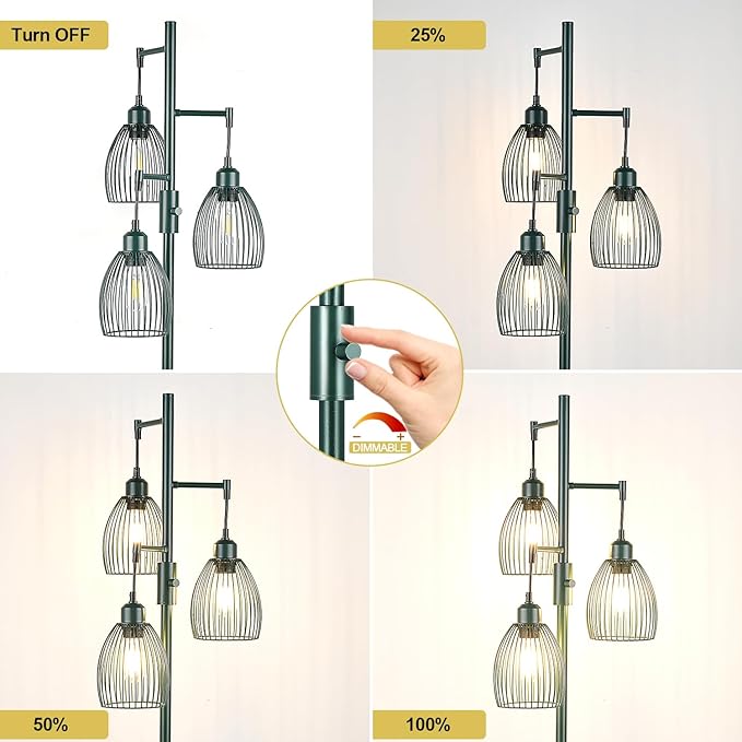 Dimmable Industrial Floor Lamps for Living Room, Green Tree Standing Tall Lamps with 3 Elegant Teardrop Cage Head & 800 Lumens LED Bulbs for Bedroom Office - LeafyLoom