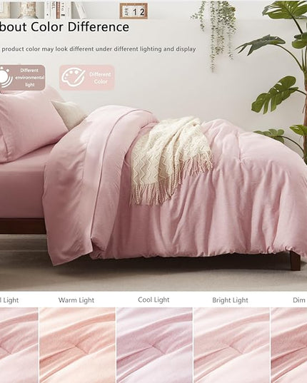 UNILIBRA Twin Comforter Set 5 Pieces - Pink Bed in a Bag Twin Size Soft for All Seasons - Cationic Dyeing Bedding Comforter Sets with Comforter, Flat Sheet, Fitted Sheet, Pillowcases & Shams - LeafyLoom