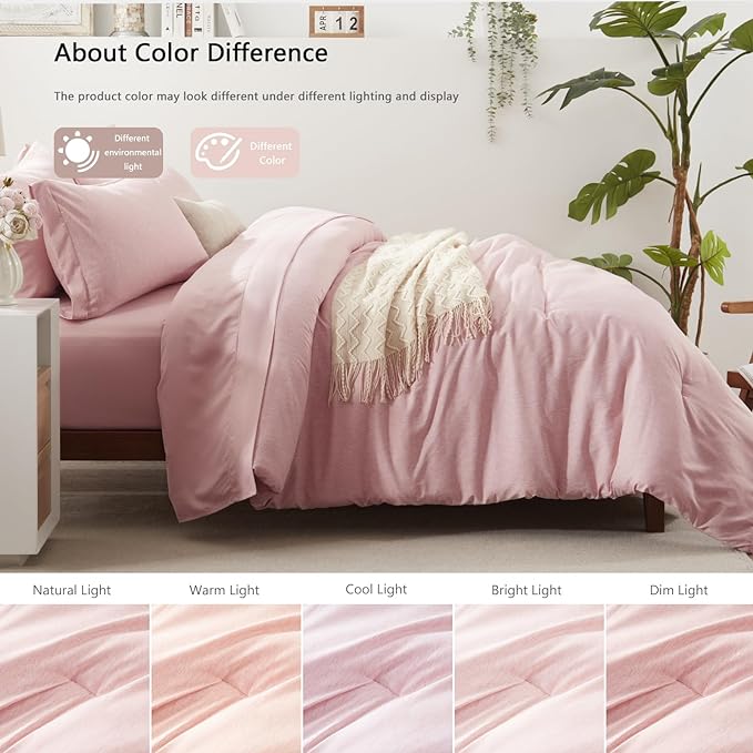 UNILIBRA Queen Comforter Set 7 Pieces - Pink Bed in a Bag Queen Size Soft for All Seasons - Cationic Dyeing Bedding Comforter Sets with Comforter, Flat Sheet, Fitted Sheet, Pillowcases & Shams - LeafyLoom