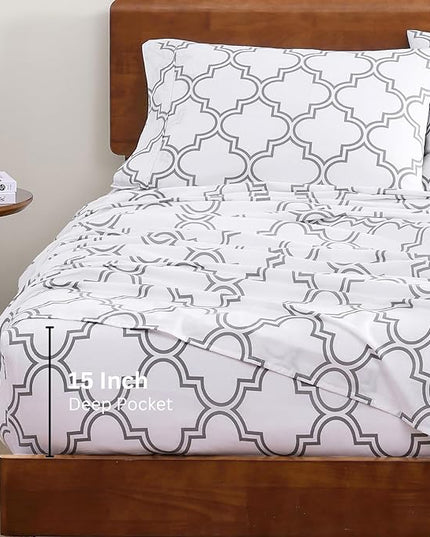 LANE LINEN 100% Organic Cotton Sheets Queen, 4-Piece Bed Sheets Queen Size Cotton, Luxury Sheets, Percale Weave,Breathable Bed Sheets Queen Size Deep Pockets Fits Upto 15" - Trellis Silver - LeafyLoom