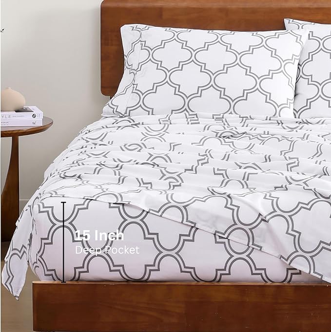 LANE LINEN 100% Organic Cotton Sheets Queen, 4-Piece Bed Sheets Queen Size Cotton, Luxury Sheets, Percale Weave,Breathable Bed Sheets Queen Size Deep Pockets Fits Upto 15" - Trellis Silver - LeafyLoom