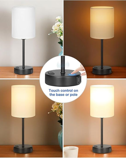 Innqoo White Touch Bedroom Lamps Set - 3 Way Dimmable Bedside Lamps with USB C and A Ports and Outlets, Nightstand Lamps with Black Base, Small Lamps for Nursery Office - LeafyLoom