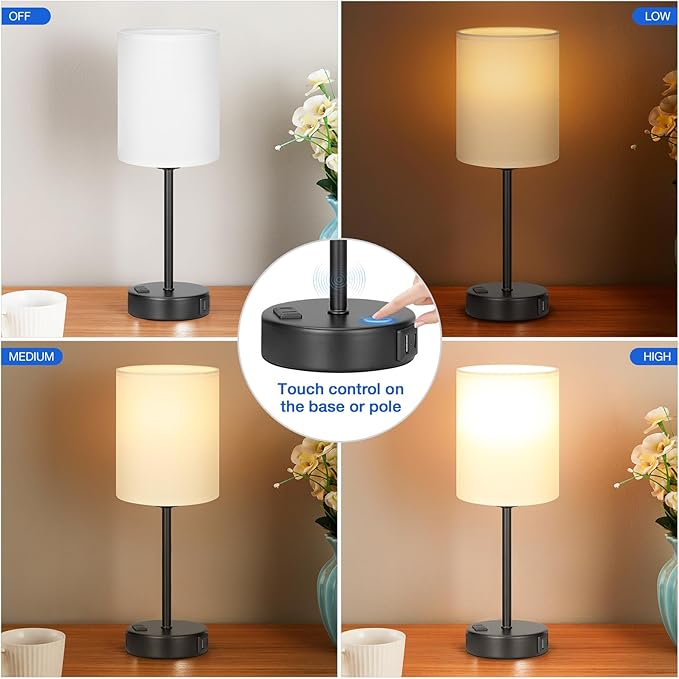 Innqoo White Touch Bedroom Lamps Set - 3 Way Dimmable Bedside Lamps with USB C and A Ports and Outlets, Nightstand Lamps with Black Base, Small Lamps for Nursery Office - LeafyLoom