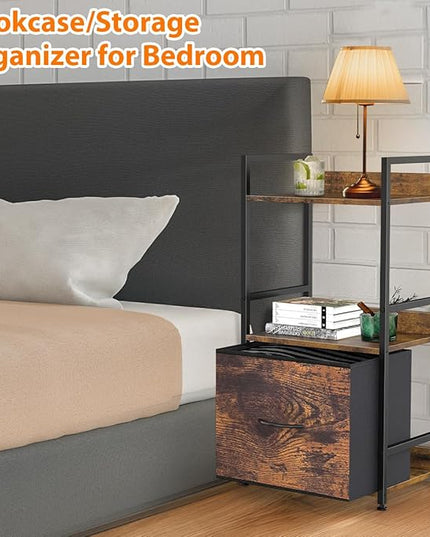 Book Shelf with Storage 3 Tier Narrow Skinny Short Standing Shelves Bookcase with Drawers for Bedroom Living Room, Small Bookshelf for Small Space Rustic Shelf Organizer Office Display Shelf - LeafyLoom