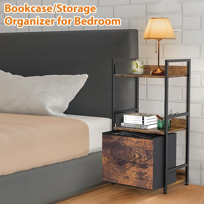 Book Shelf with Storage 3 Tier Narrow Skinny Short Standing Shelves Bookcase with Drawers for Bedroom Living Room, Small Bookshelf for Small Space Rustic Shelf Organizer Office Display Shelf - LeafyLoom