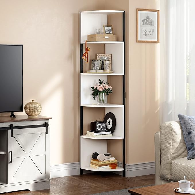 YITAHOME 6-Tier Corner Shelf, 68.8" Tall Modern Free Standing Zigzag Corner Bookshelf, 6 Shelf Display Corner Bookcase Open Small Book Shelves for Living Room, Home Office, Small Space, White - LeafyLoom