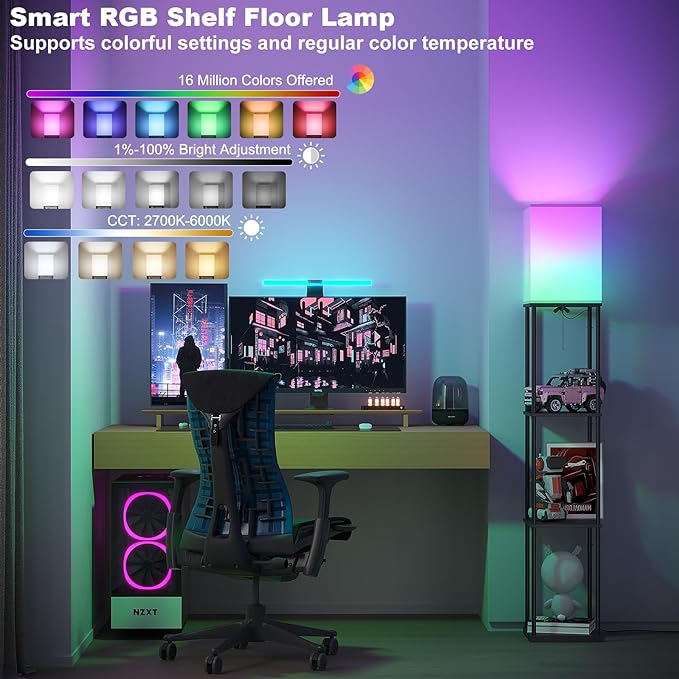 SUNMORY Floor Lamp with Shelves, Smart APP Control Standing Lamp with RGB Bulb, 4-Tier Dimmable Floor Lamps for Living Room, Tall Lamp for Bedroom, Office, Corner Display Bookshelf Lamp - LeafyLoom