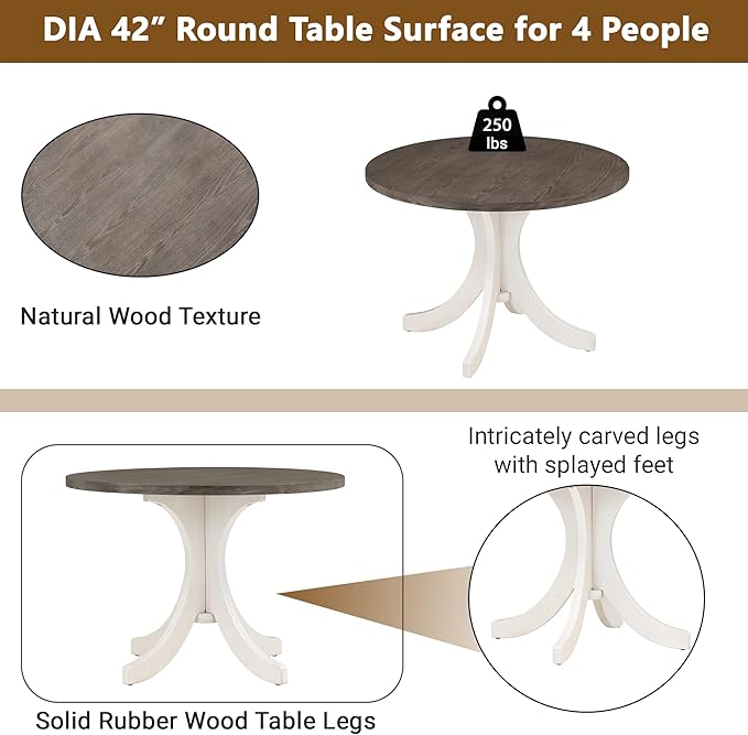Mid-Century Style Round 4 Upholstered Chairs, Long-Lasting Solid Wood, Easy Clean & Assembly, Room, Kitchen, Small Place, 5 Piece Dining Table Set, Brown 30 - LeafyLoom