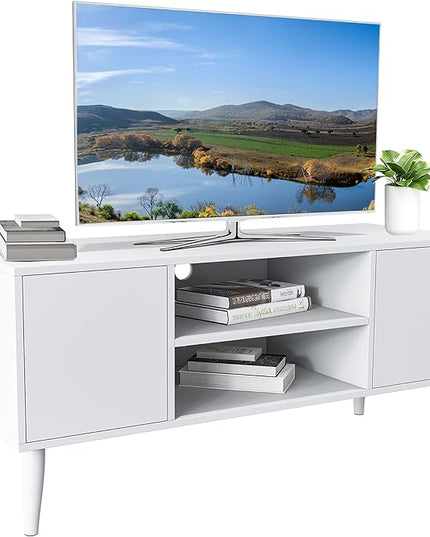 Yusong Retro TV Stand for 55 Inch TV, Entertainment Centers for Living Room Bedroom, Wood TV Bench Table TV Console TV Cabinet with 2 Storage Cabinets and Open Shelves,White - LeafyLoom