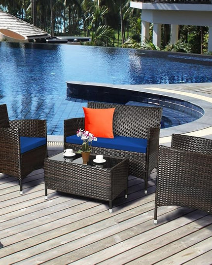 Goplus 4-Piece Rattan Patio Set, Outdoor/Indoor Wicker Conversation Set for Pool, Backyard, Lawn, Wicker Chairs and Sofa with Soft Cushion, Rattan Furniture with Tempered Glass Coffee Table - LeafyLoom