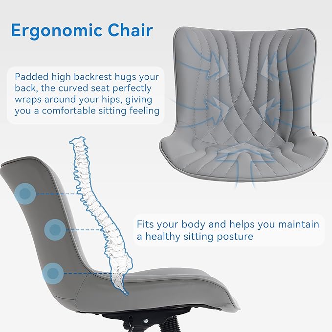 YOUNIKE Office Chair, Armless Desk Chair with Wheels, Home Office Computer Task Chairs, Modern Faux Leather Upholstered Vanity Chair, Adjustable Swivel Rolling Office Chair, Grey - LeafyLoom
