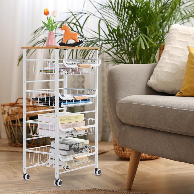 HEOMU 5 Tier Rolling Kitchen Storage Cart, Metal Microwave Stand Kitchen Island Cart on Wheels with Storage for Kitchen, Bathroom, Living Room, Bar, Office, White - LeafyLoom