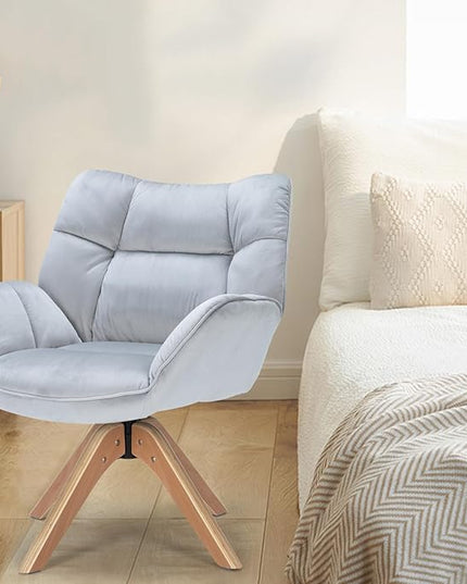 Fabric Accent Chair, Modern Cozy Vanity Chair with Wood Legs, Upholstered Single Boucle Armchair Single Sofa for Living Room Bedroom Office Guest Room Dining Room (Light Grey) - LeafyLoom