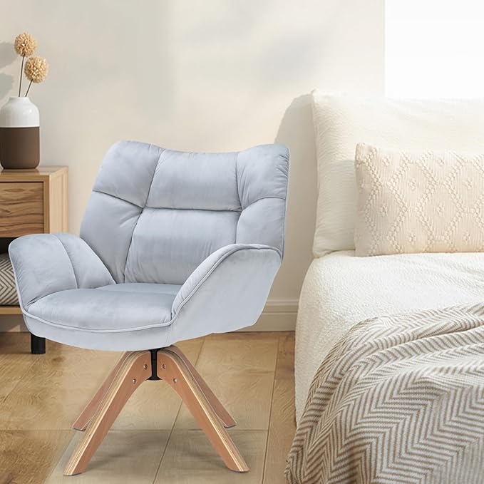 Fabric Accent Chair, Modern Cozy Vanity Chair with Wood Legs, Upholstered Single Boucle Armchair Single Sofa for Living Room Bedroom Office Guest Room Dining Room (Light Grey) - LeafyLoom