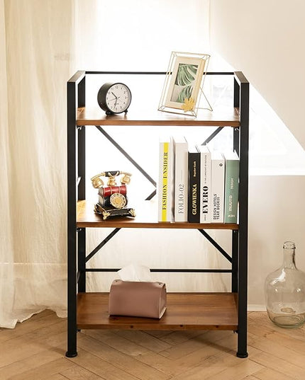 Rustic Bookshelf, 3 Tier Real Wood Bookshelf, Metal Book Shelf for Storage, Black Bookcase, 12.6" D x 23.62" W x 36.61" H - LeafyLoom