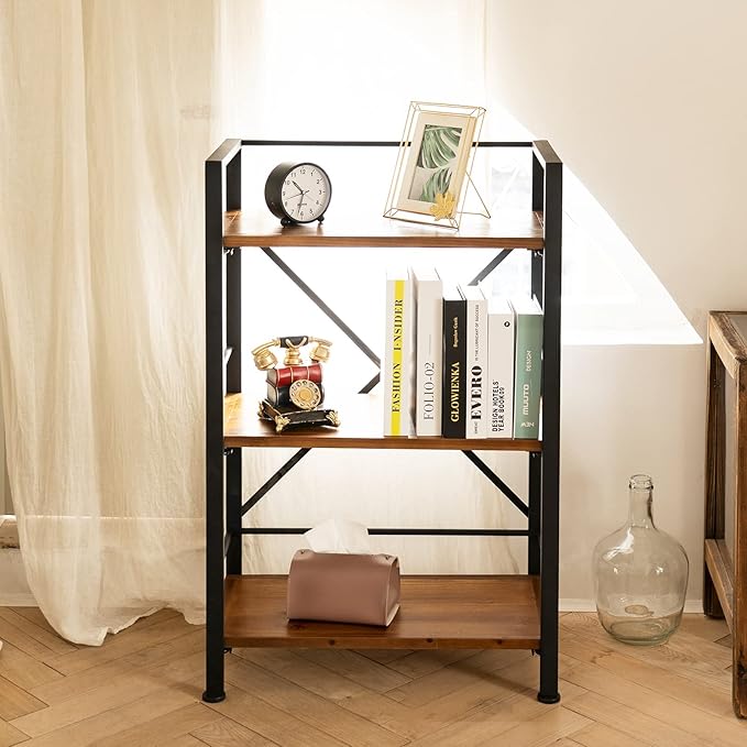 Rustic Bookshelf, 3 Tier Real Wood Bookshelf, Metal Book Shelf for Storage, Black Bookcase, 12.6" D x 23.62" W x 36.61" H - LeafyLoom