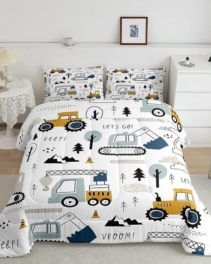 Cartoon Car Kids Comforter Set Construction Bedding Set Decor Equipment Trucks Comforter Cartoon Car Excavator Tractor White Yellow Duvet Set Bedroom Quilt Set 3Pcs Full - LeafyLoom