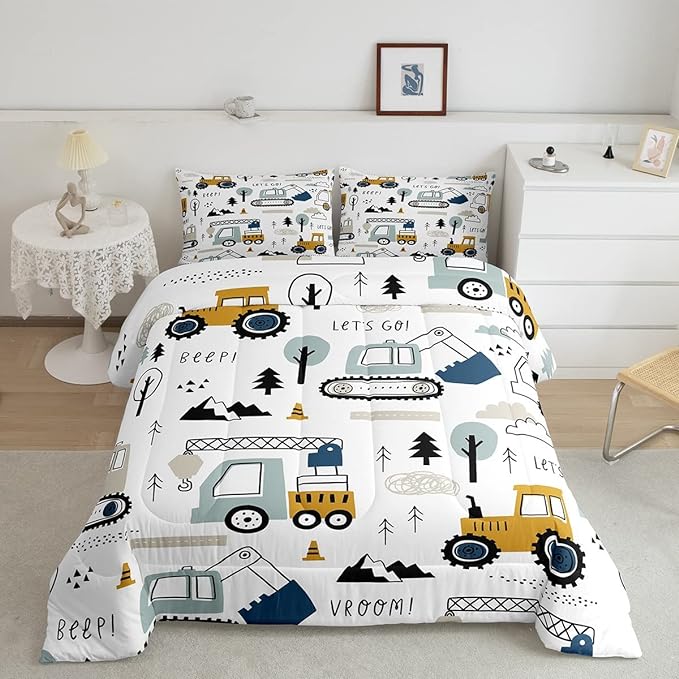 Cartoon Car Kids Comforter Set Construction Bedding Set Decor Equipment Trucks Comforter Cartoon Car Excavator Tractor White Yellow Duvet Set Bedroom Quilt Set 3Pcs Full - LeafyLoom