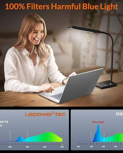 LED Desk Lamp, 12W Reading Desk Lamp for Office Home with 60 Lighting Modes, Touch Control & Timer Function, 750LM Bright Eye-Caring Gooseneck Desk Light Table Lamp for Study, Work, Black - LeafyLoom