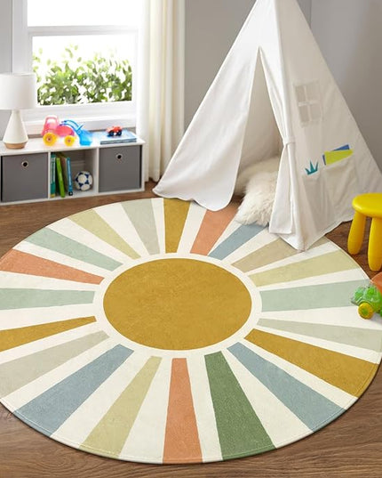 Boho Sun Round Area Rug for Living Room, 6 Ft Washable Nursery Rug for Playroom, Colorful Circle Rug for Kids Bedroom, Non-Slip Circluar Carpet Soft Large Kids Rug for Classroom Dorm Kids Room - LeafyLoom