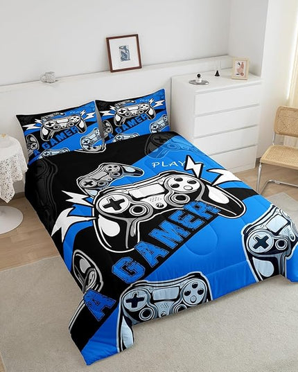 Erosebridal Gaming Bedding Sets for Boys Gamer Comforter Set Queen Size,Video Gaming Bedding Set Game Console Kids Comforter Sets 3Pcs Gamer Room Decor,Blue Black - LeafyLoom