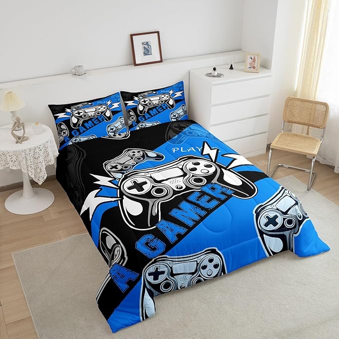 Erosebridal Gamer Comforter Sets for Boys Full Size,Gaming Bedding Sets for Boys Kids Teens Gamepad Gaming Comforter Set Game Room Decor,Blue Black 3Pcs - LeafyLoom