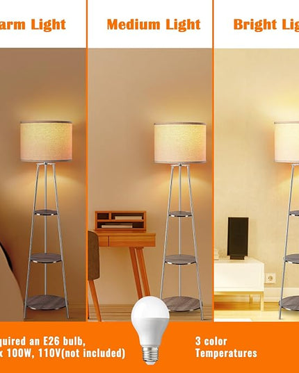 Floor Lamp, Standing Lamp with White Fabric Shade, 3-Tier Round Corner Shelf Floor Lamp with 3 Dimmable Levels, Tall Modern Floor Lamps with Shelves for Bedroom, Living Room and Office - LeafyLoom