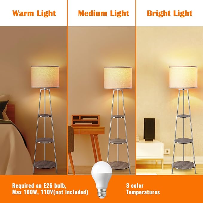 Floor Lamp, Standing Lamp with White Fabric Shade, 3-Tier Round Corner Shelf Floor Lamp with 3 Dimmable Levels, Tall Modern Floor Lamps with Shelves for Bedroom, Living Room and Office - LeafyLoom