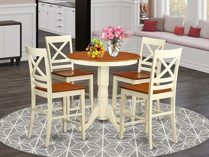 East West Furniture EDQU5-WHI-W Eden 5 Piece Kitchen Counter Set Includes a Round Room Table with Pedestal and 4 Dining Chairs, 30x30 Inch, Buttermilk & Cherry - LeafyLoom