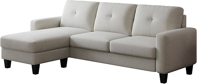 L Shaped Convertible Sectional Sofa, 3 Seater Linen Fabric Corner Couch with Reversible Chaise Movable Ottoman, Button Tufted Sofa&Couches for Small Apartments, Living Rooms and Offices - LeafyLoom
