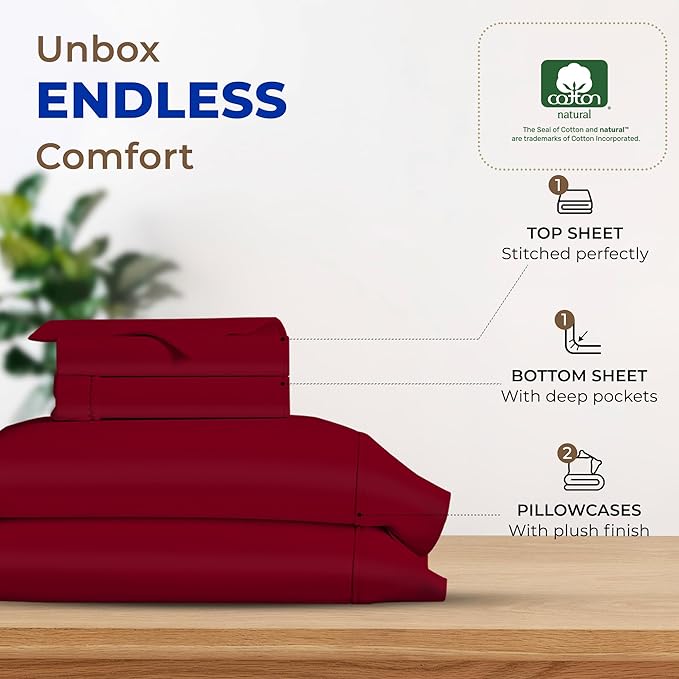 THREAD SPREAD 600 Thread Count Sheets Queen - 100% Egyptian Cotton Sheets Queen Size, 4 PC Luxury Sheets Queen Size, Soft, Cooling, Extra Long Staple 16" Deep Pocket Queen Bed Sheet Set - Burgundy - LeafyLoom
