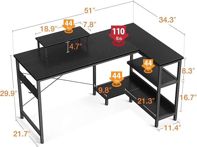 KKL 51 Inch L Shaped Computer Desk with Storage Shelves, Corner Desk with Monitor Stand for Small Space, Modern Simple Writing Study Table for Home Office, Black - LeafyLoom
