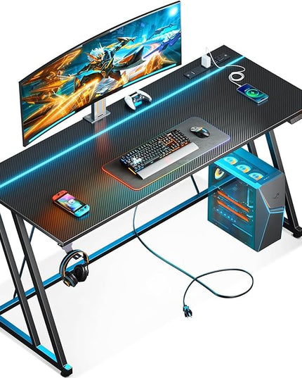 MOTPK Gaming Desk with LED Lights & Power Outlet, Computer Desk 55inch for Small Space, Cheap Gaming Table with Carbon Fiber Texture, Kids Desk Gift for Boys Men, Black - LeafyLoom