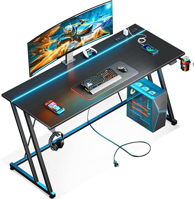 MOTPK Gaming Desk with LED Lights & Power Outlet, Computer Desk 55inch for Small Space, Cheap Gaming Table with Carbon Fiber Texture, Kids Desk Gift for Boys Men, Black - LeafyLoom
