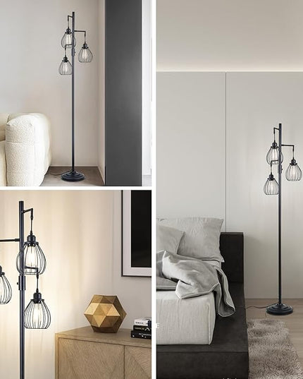 68.5” Dimmable Floor Lamp, Industrial Farmhouse Floor Lamps with Elegant Teardrop Cages, Rustic Floor Lamps Black Tall Vintage Pole Lamps for Living Room Bedroom Office, 3 LED Bulbs Included - LeafyLoom