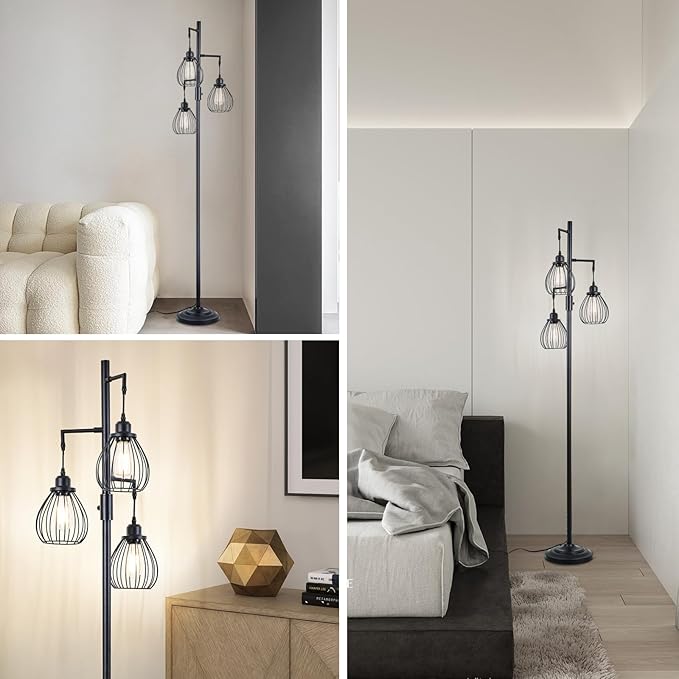 68.5” Dimmable Floor Lamp, Industrial Farmhouse Floor Lamps with Elegant Teardrop Cages, Rustic Floor Lamps Black Tall Vintage Pole Lamps for Living Room Bedroom Office, 3 LED Bulbs Included - LeafyLoom