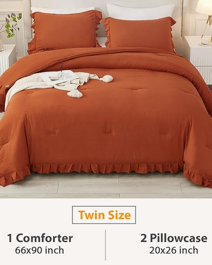Andency Burnt Orange Twin Size Comforter Set, 2 Pieces Terracotta Ruffle Shabby Chic Bedding Comforters & Sets for Kids Grils, All Season Soft Lightweight Down Alternative Bed Blanket Set - LeafyLoom