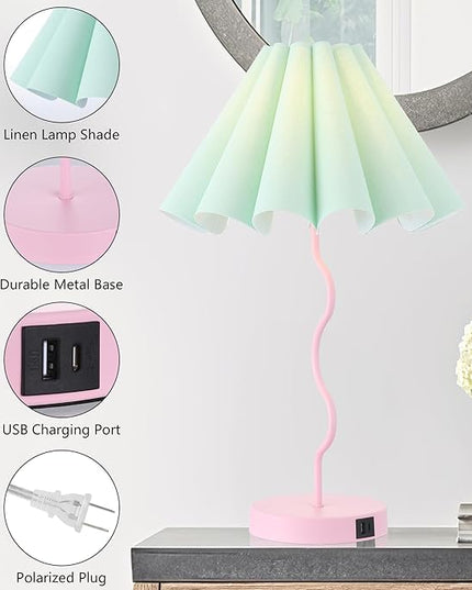 Table Lamp for Bedroom Nightstand Modern Touch Green Pink Lamp Dimmable Lamp for Living Room End Table with USB Port and Outlet - LeafyLoom