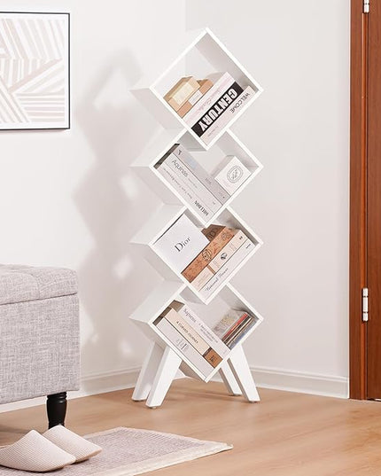 Yoobure White Bookshelf, Wood Small Bookcase 4-Tier Book Shelf, Tall Bookcases Book Organizer, Modern Bookshelves Floor Standing for CDs/Books in Small Spaces, Living Room, Home Office, Bedroom - LeafyLoom