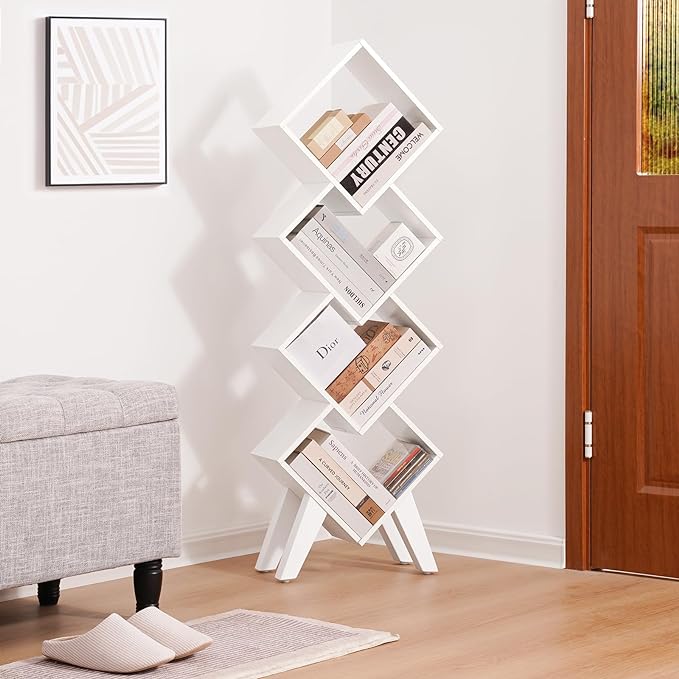 Yoobure White Bookshelf, Wood Small Bookcase 4-Tier Book Shelf, Tall Bookcases Book Organizer, Modern Bookshelves Floor Standing for CDs/Books in Small Spaces, Living Room, Home Office, Bedroom - LeafyLoom
