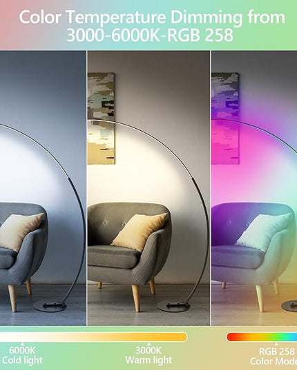 RGBW Arc Floor Lamp, Dimmable LED Floor Lamp with RGBW, Ultra Bright, Modern Standing Tall Lamp with Remote Reading Floor Lamp for Living Room Bedroom Office - LeafyLoom