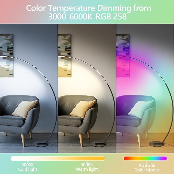 RGBW Arc Floor Lamp, Dimmable LED Floor Lamp with RGBW, Ultra Bright, Modern Standing Tall Lamp with Remote Reading Floor Lamp for Living Room Bedroom Office - LeafyLoom