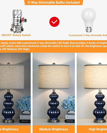 25" Ceramic Table Lamp Navy Blue Triple Gourd Ceramic Lamp Table Lamp Modern Lamp for Bedroom Living Room, 3-Way Dimmable Bulb Included (Blue) - LeafyLoom