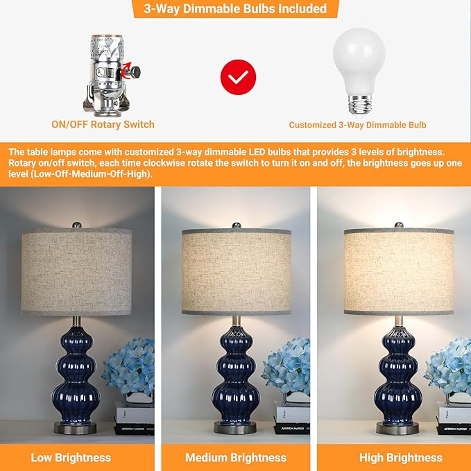 25" Ceramic Table Lamp Navy Blue Triple Gourd Ceramic Lamp Table Lamp Modern Lamp for Bedroom Living Room, 3-Way Dimmable Bulb Included (Blue) - LeafyLoom