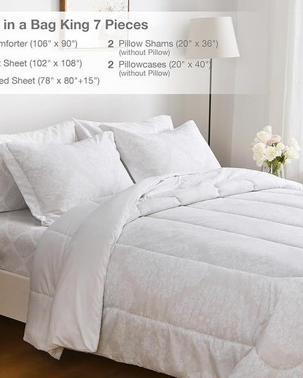 Printed King Bedding Sets with Comforter and Sheets, 7 Piece Bed in A Bag Comforter Set with Fluffy Microfiber, Light Gold Leaf Floral Pattern - LeafyLoom