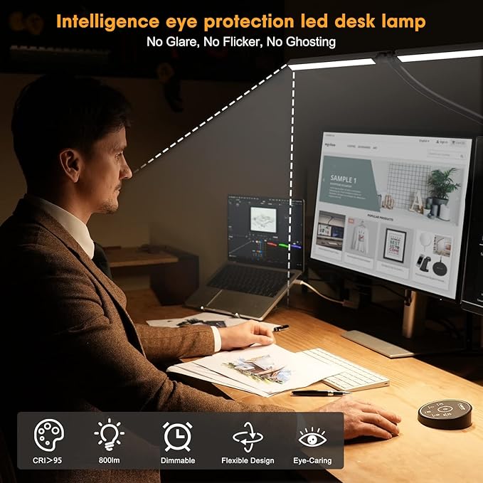 Led Desk Lamp for Office Home - 2 Pack Eye Caring Architect lamp with Clamp,Dual Screen Computer Monitor Gooseneck Smart Light: 24W 5 Color Flexible Adjustable Lighting Table Lamp for Study - LeafyLoom