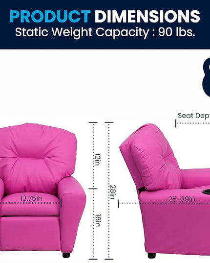 Flash Furniture Chandler Vinyl Kids Recliner with Cup Holder and Safety Recline, Contemporary Reclining Chair for Kids, Supports up to 90 lbs., Hot Pink - LeafyLoom